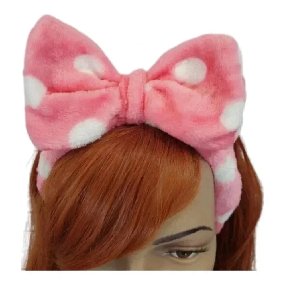 Pink and White Polka Dot- Super Plush Elastic Bow Spa Headband.
